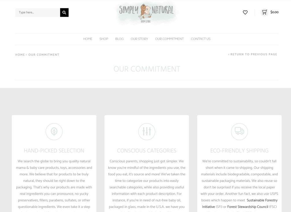 Simply Natural Baby Store describes eco packaging on website.