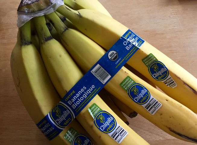 PLU stickers on bananas