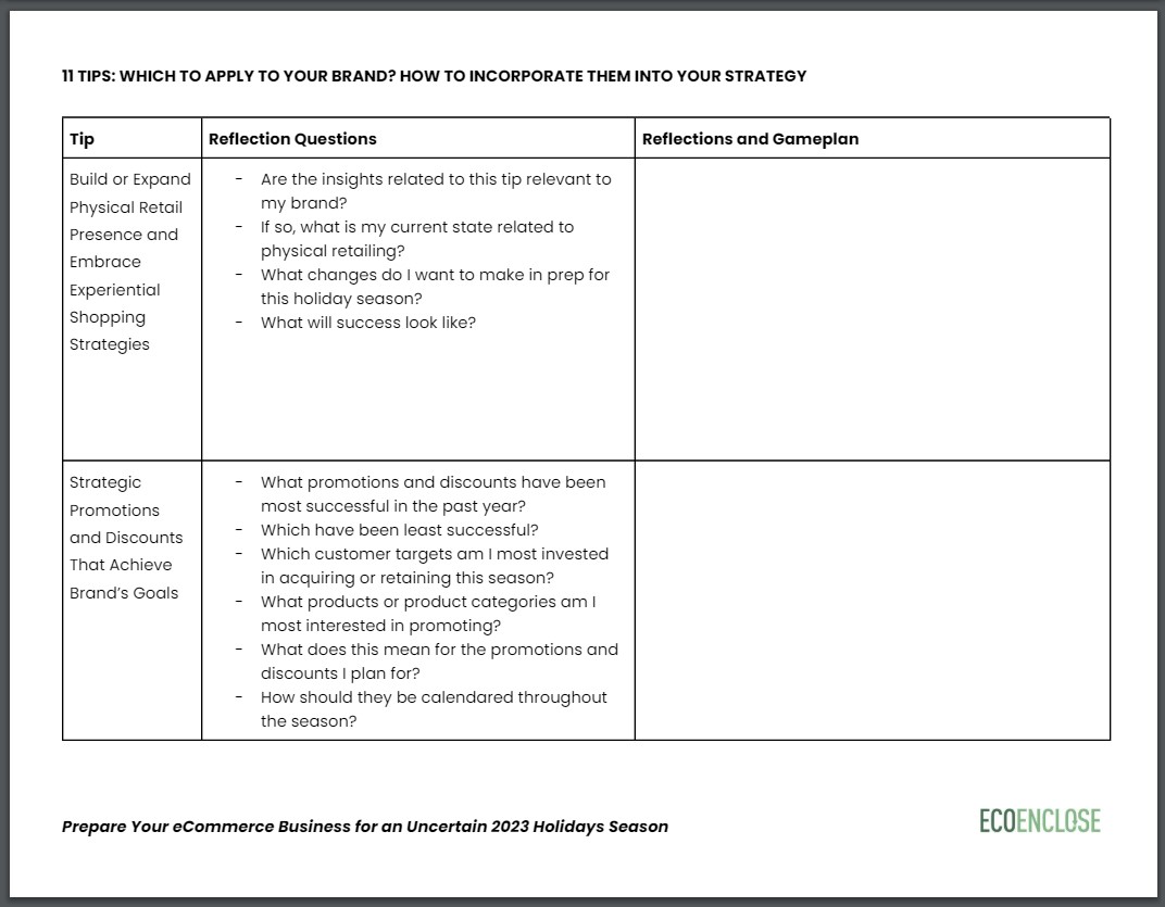 EcoEnclose holiday 2023 planning worksheet